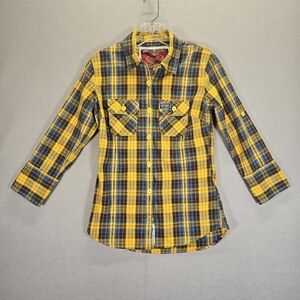 SUPERDRY Lumberjack Flannel Shirt Button Up Yellow  Blue Plaid Size Medium